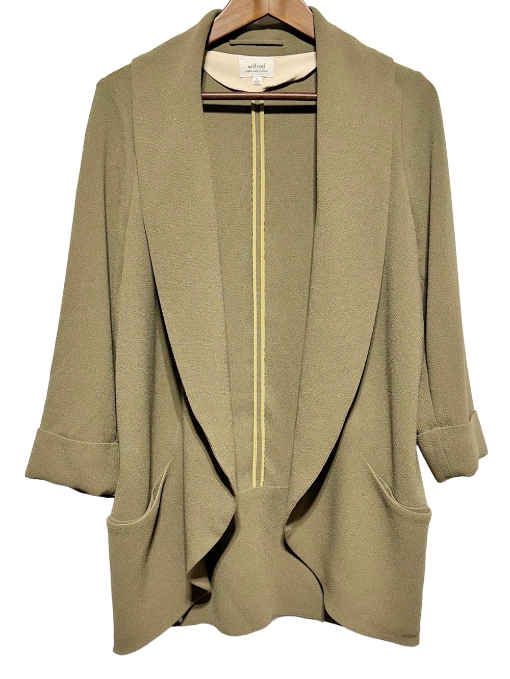 Wilfred Aritzia Draped Open Front Blazer Shawl Collar Olive US 8